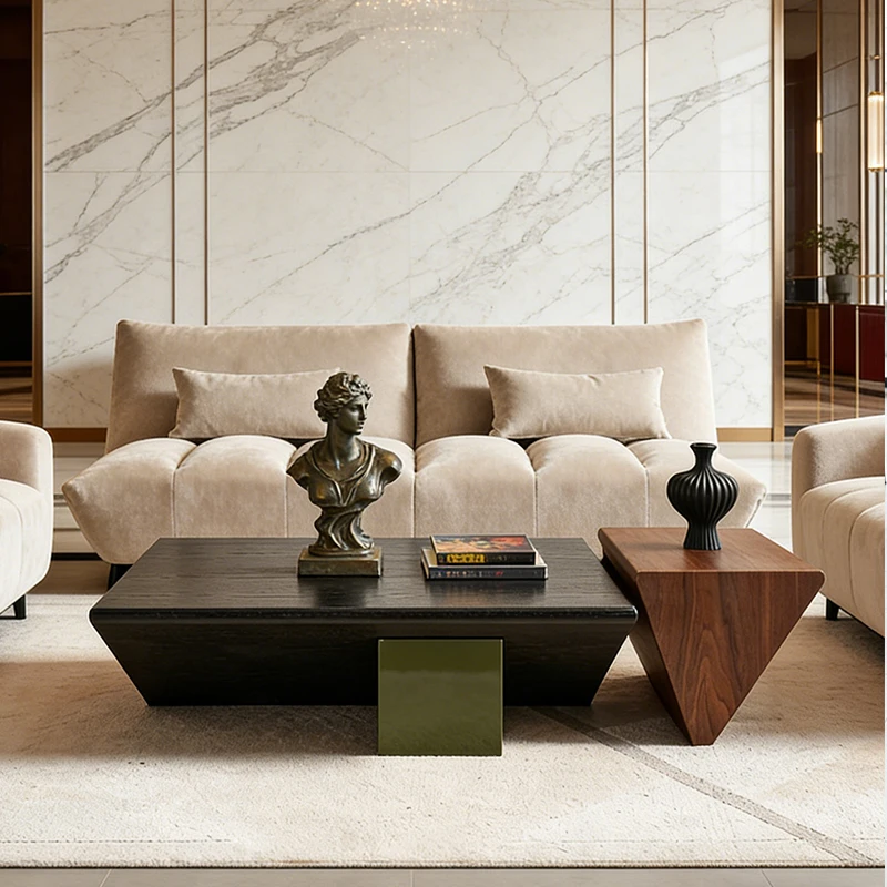 &c Geometric Irregular Shape Creative Designer Italian Wood Veneer Two-Tone Low Table Furniture