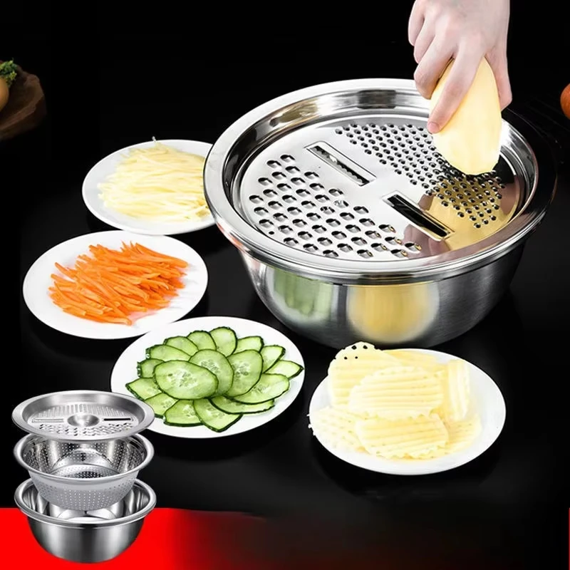 3PCS Multifunctional Vegetable Slicer Stainless Steel Mixing Bowl Vegetable Fruits Washing Basin & Drain Basket Kitchen Kit
