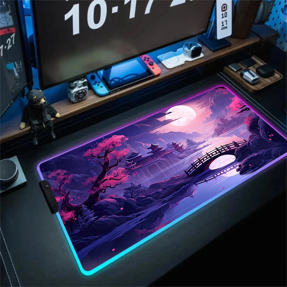 RGB Gaming Mouse Pad, Large Desk Mat, LED Backlit, Japanese Cherry Blossom Night Scene Print, Keyboard Pad for Gaming & Home Use