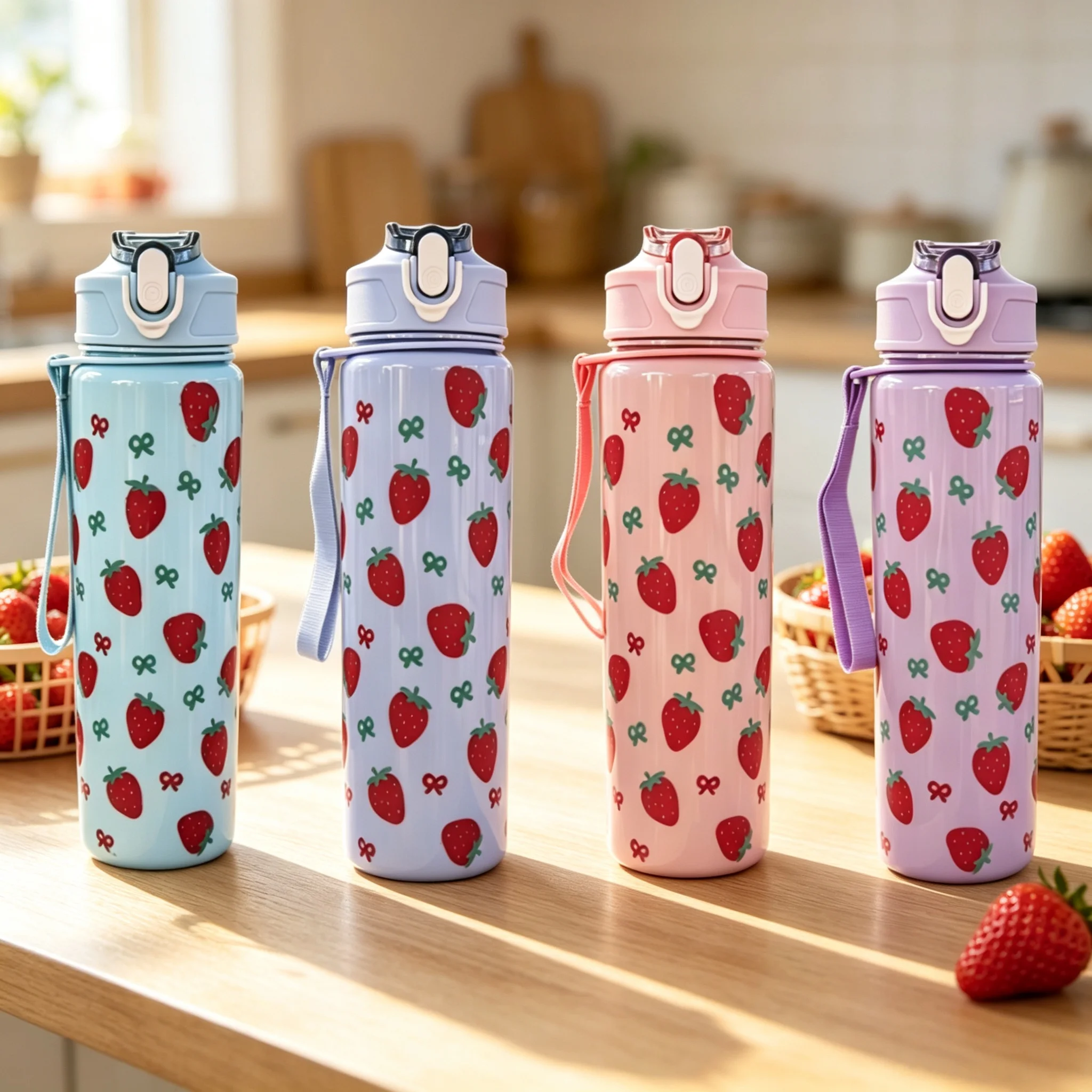 New Cute Strawberry Print 750ML Portable Leak-Proof Plastic Water Bottle,Minimalist Fashion Cup for Home,Outdoor,Travel & School