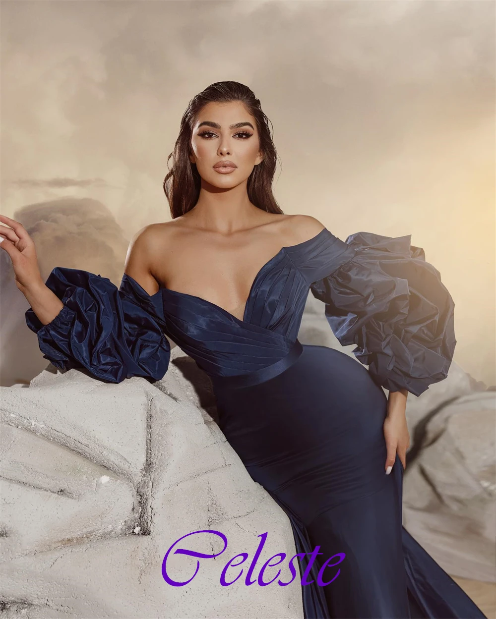 Customized Elegant V-Neck Satin Evening Dress Classic Puff Sleeves Prom Dresses Luxury Off the Shoulder Special Occasion Gowns