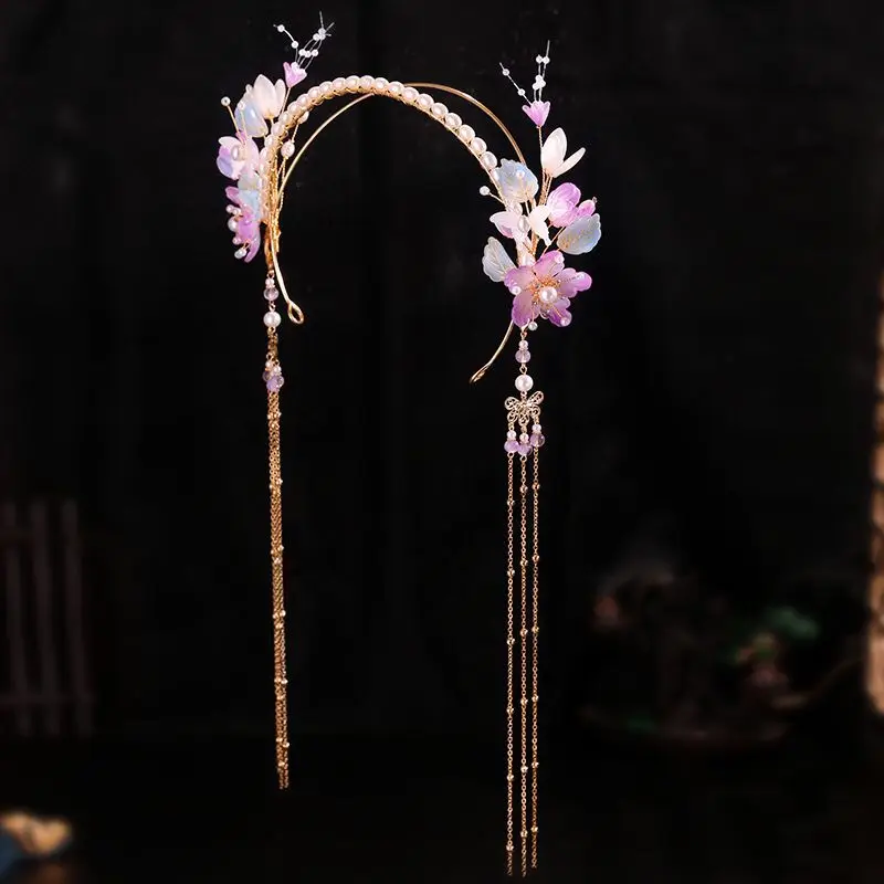 Long Tassel Headband Pearl Floral Hanfu Hair Hoop Cosplay Princess Buyao Forehead Jewelry for Women Girls Cute Hair Accessories