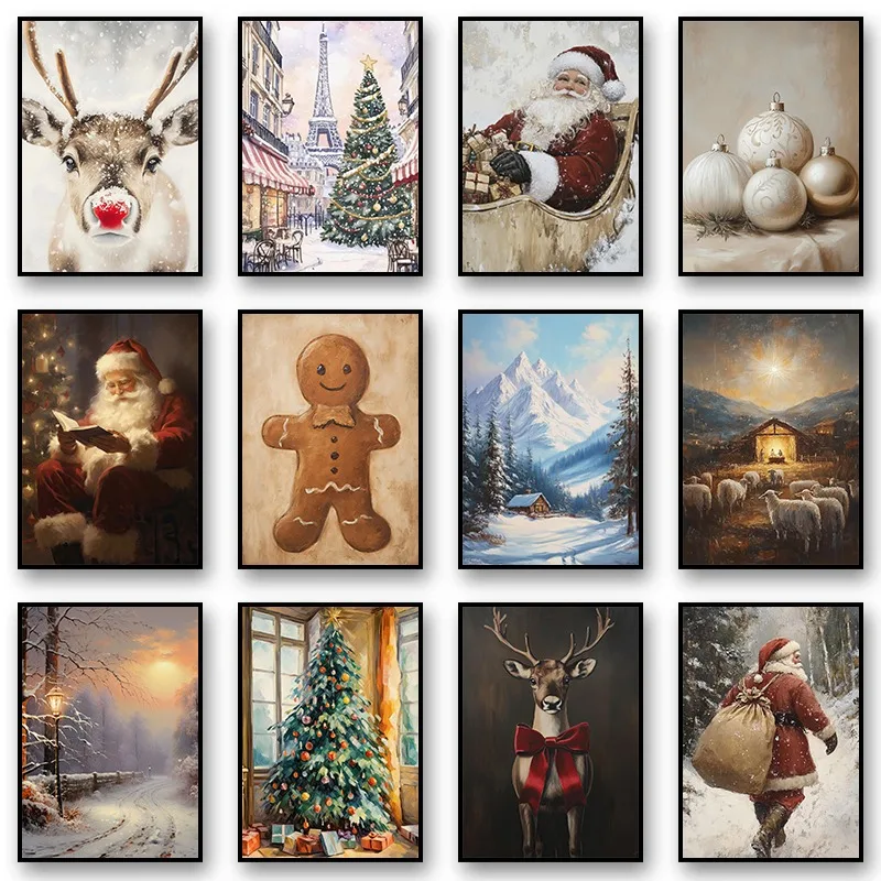 Retro Christmas Tree Rustic Winter Santa Claus Reindeer Poster and Prints Canvas Printing Wall Art Picture for Living Room Decor