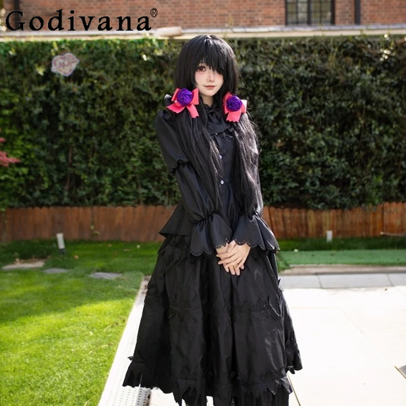 أزياء تنكرية سوداء مجموعة كاملة للنساء أنيمي تاريخ لايف توكيساكي كورومي تنورة دعوى أنثى لطيف لوليتا موحدة تنورة وتتسابق