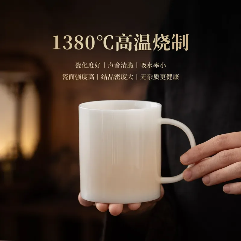 White Porcelain Tea Cup With Lid Ceramic Teacup For Office Home Use Jade Texture Water Mug High Quality Drinkware Gift
