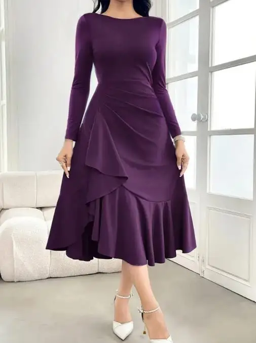 

Autumn and Winter New Fashionable and Elegant Solid Color Long Sleeve Round Neck Women's Dress Evening Dress