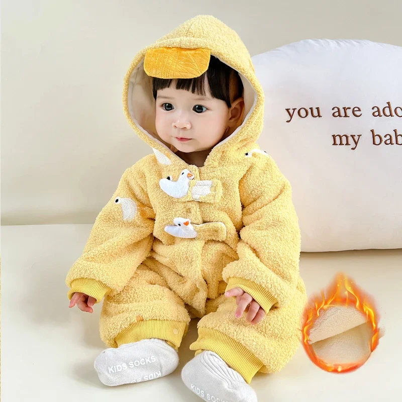 2024 Baby Clothes Girl Matching Autumn and Winter Fleece-Lined Newborn Bodysuit Korean Yellow Duck Warm Jumpsuit for Kids Outfit