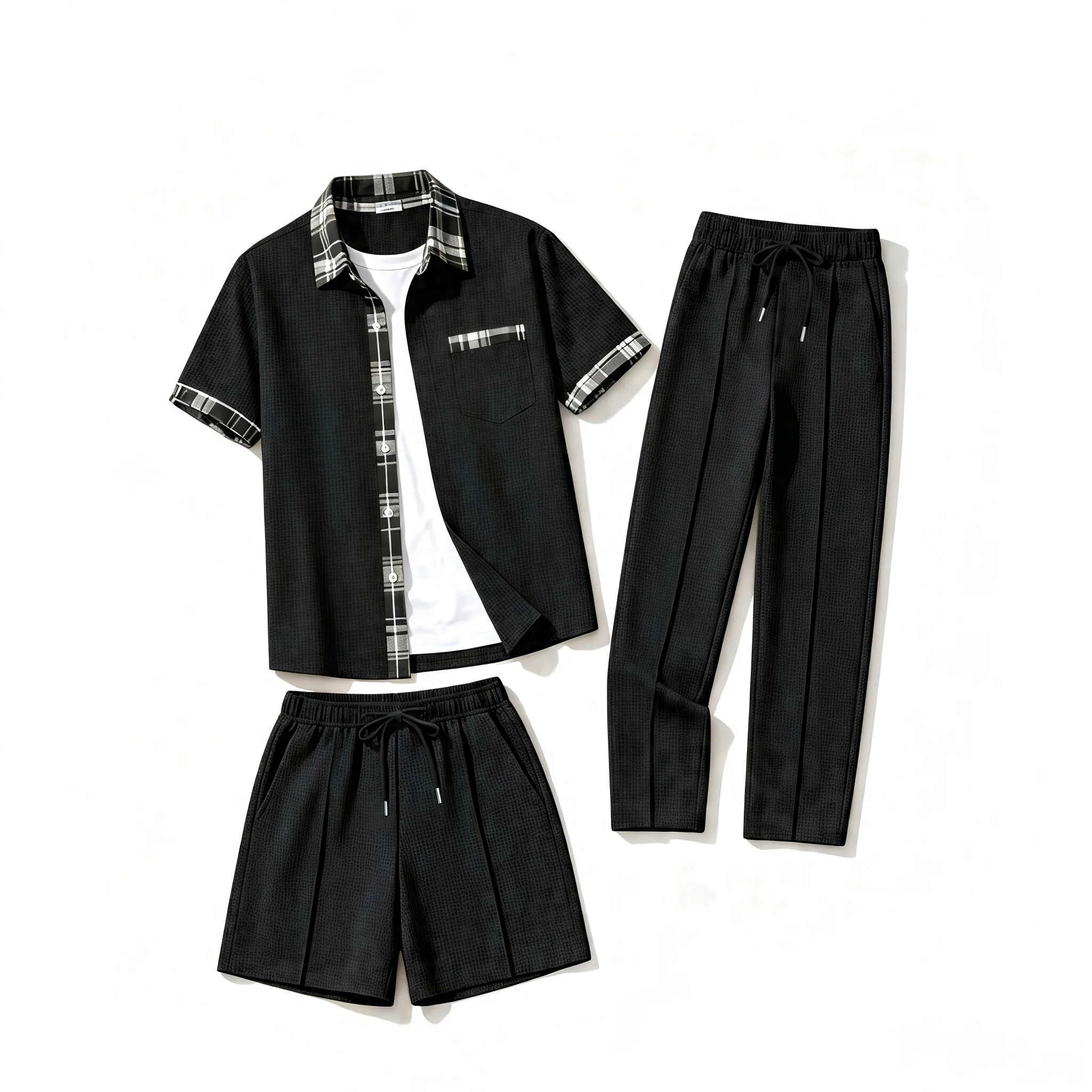 Men'sWaffle 3-in-1 Outfit Set Plaid Trim Lapel Short Sleeve Shirt+Drawstring Long Pants & Shorts Summer Casual Two-Way Wear Suit