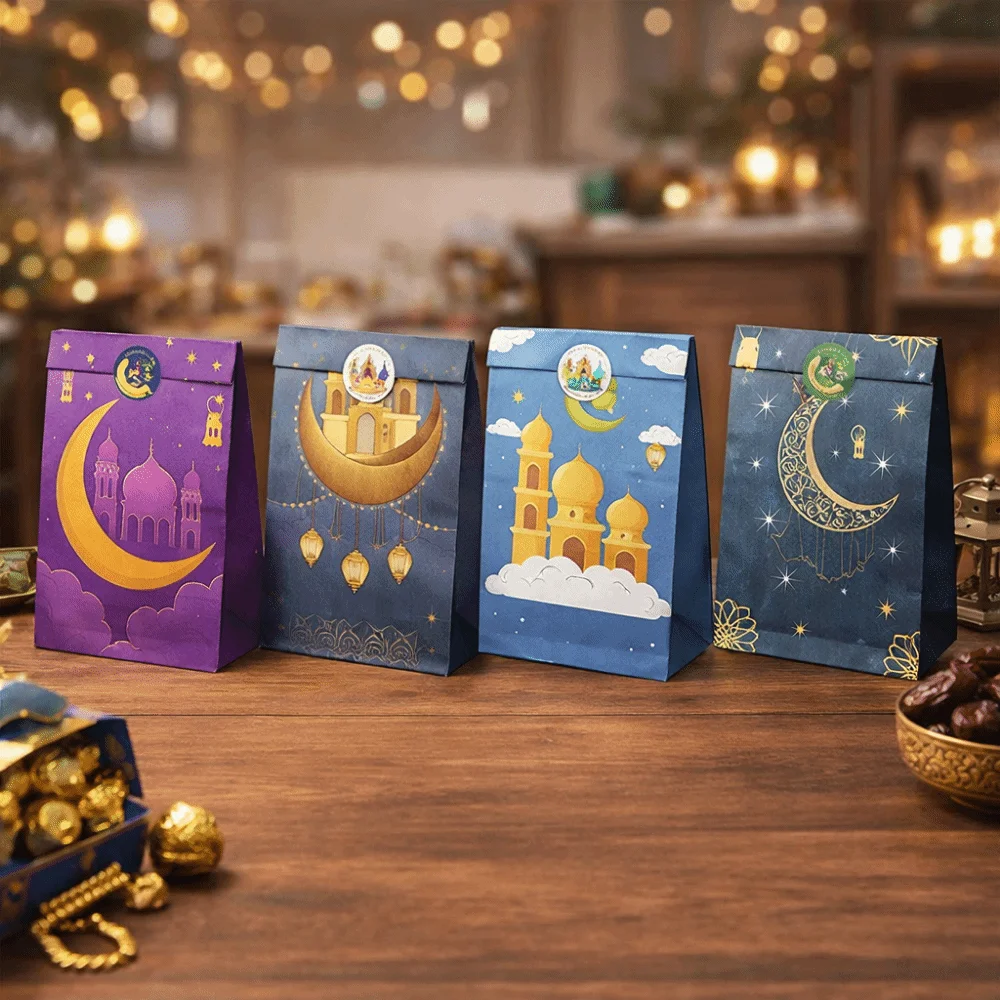 

12Pcs Multicolor Ramadan Gift Bag Kraft Paper Mixed Pattern Eid Mubarak Gift Bag with Stickers DIY Flat Open Bags Ramadan Party