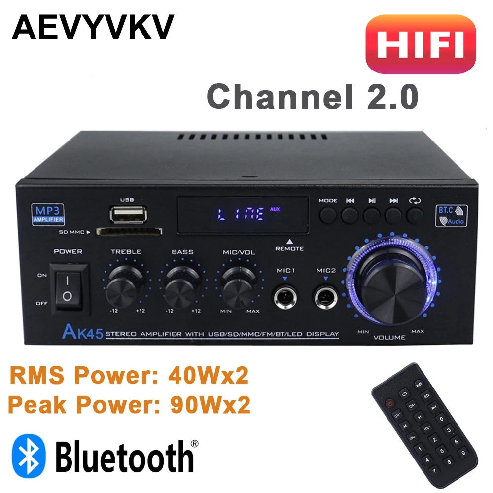 AK45 Home Power Amplifier Bluetooth 5.0 Audio Amplifiers HIFI CH 2.0 Amp Support USB SD Card Input Suitable for Home AV Systems