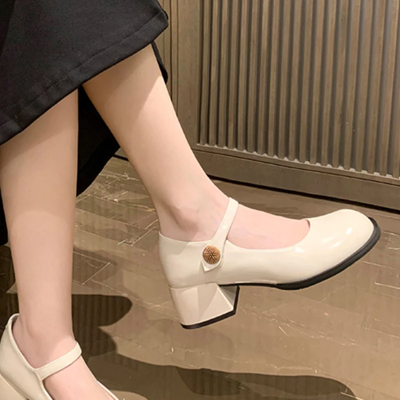 WEDDING Women Pumps PU Square Heels 2024 Spring New Fashionable French Style Fairy JK Retro Coarse Follow Up Shoes Woman Shoe