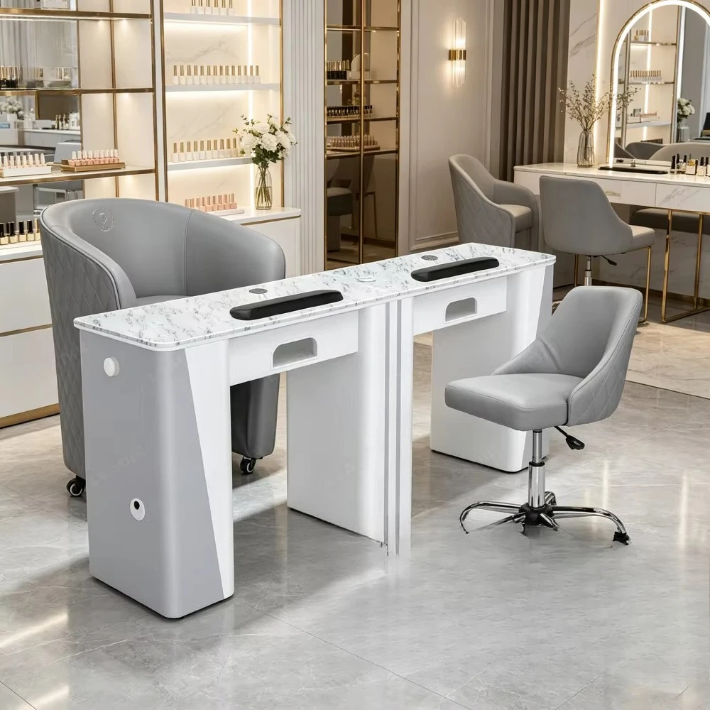 Luxury Multi Functional Nail Beauty Salon Manicure Table with Lamp and Vacuum Cleaner for Single Double Person