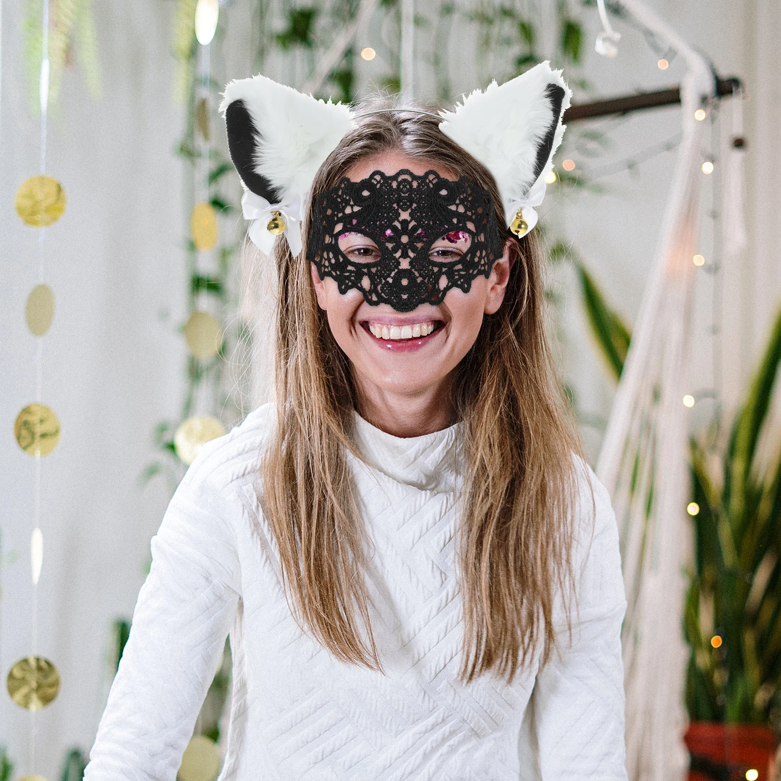 

1 set 1 Set Halloween Cat Ear Headband Lace Mask Costume Accessories For Women Cosplay Party Masquerade Decor Animal Ear Set