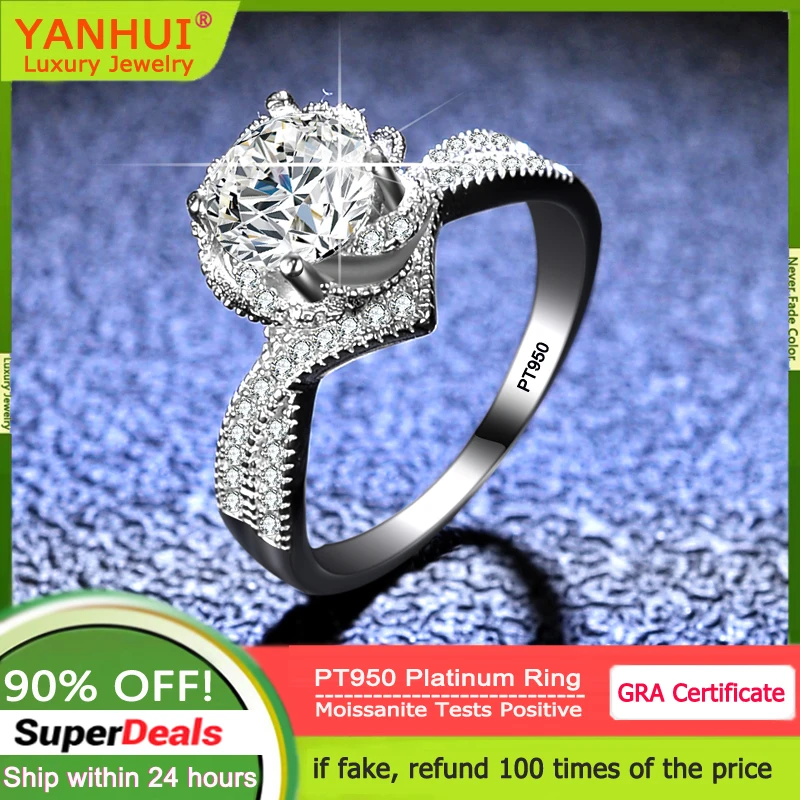 

YANHUI 100% Natural PT950 Platinum Rings Romantic Princess Flower Wedding Rings for Women 1.0CT Moissanite Diamond Fine Jewelry