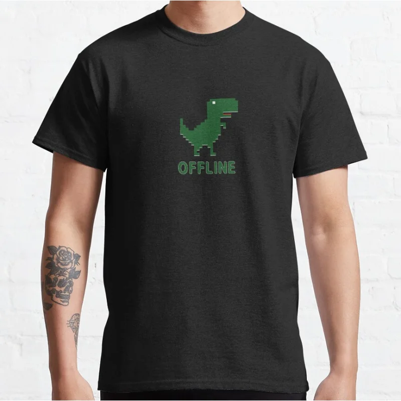 OFFLINE DINO Funny offline t rex 90s cartoon pixel video game dinosaur T-shirt for men large size Adult Tops S-6xl