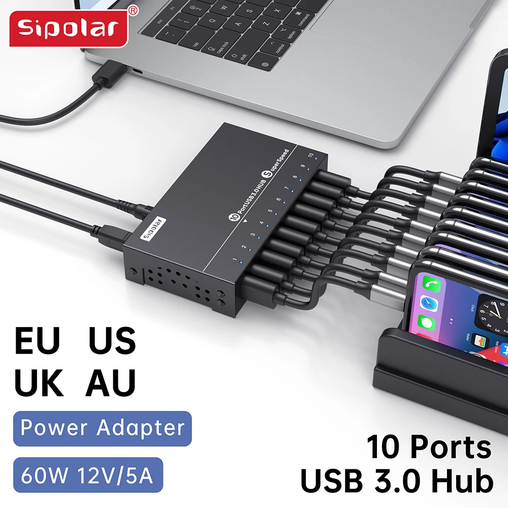 Sipolar A-103 USB3.0 Hub 10 Ports hub powered 60W High Power Adapter Metal Data Sync Docking Station Phone accessories