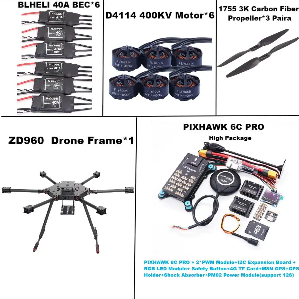 ชุดควบคุมการบิน RCtoSky ZD960 PIXHAWK 6C PRO M8N โครงสร้างคาร์บอนไฟเบอร์แบบเต็มตัว Hexa-Rotor พร้อม ESC BLHELI 40A ระบบควบคุมการบิน และชุด Telemetry Rado