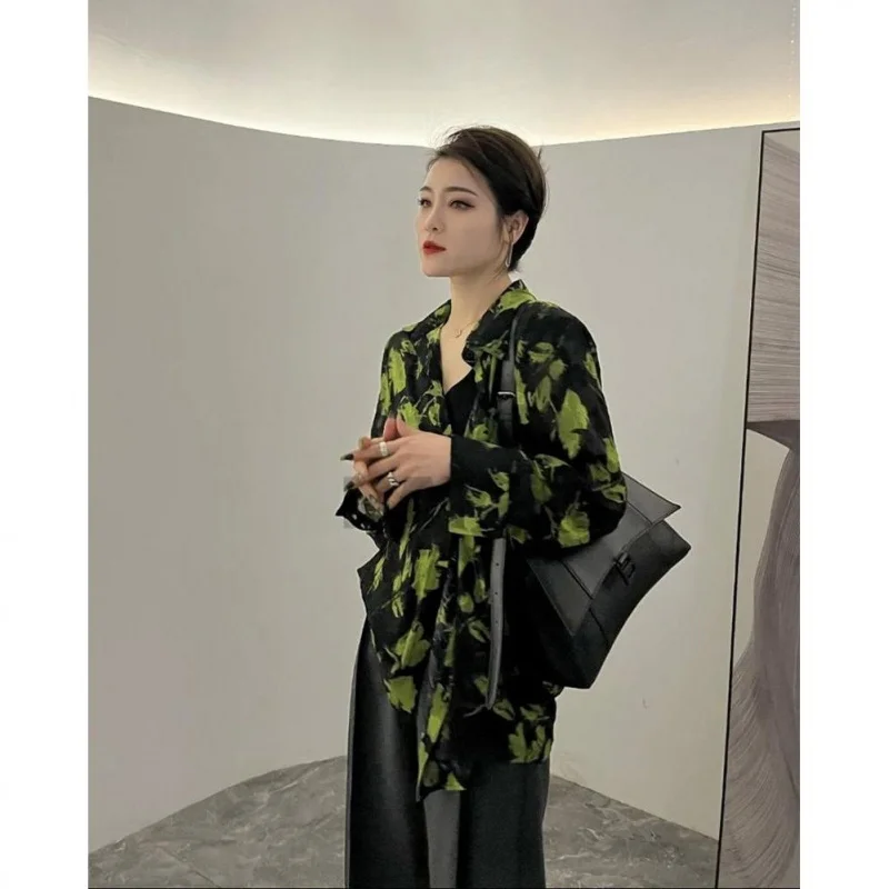 Casual Shirts Woman Trend Black Green Floral Loose Blouses For Female Fashion 2023 Luxury Women Social Blouse