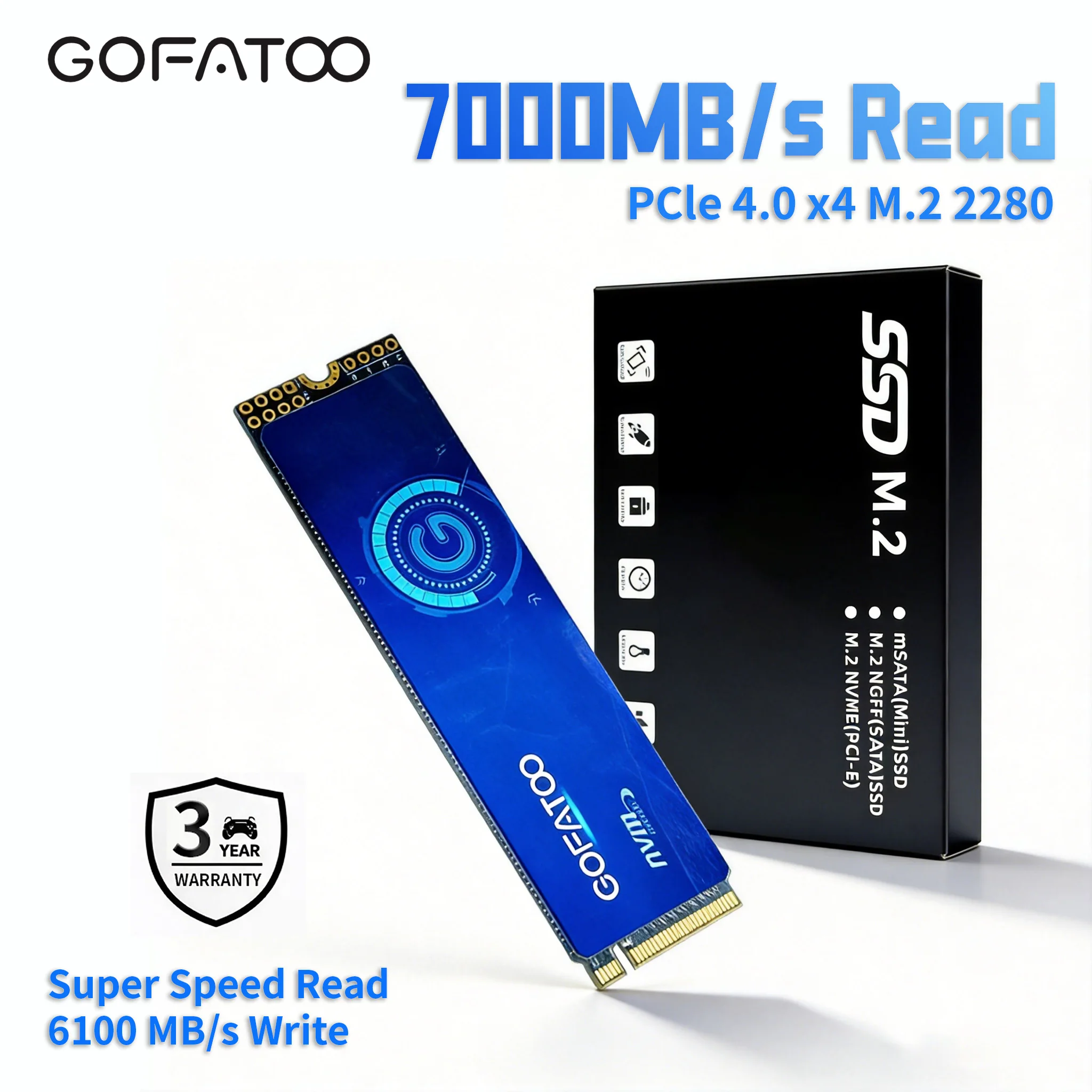 GOFATOO M.2 NVMe PCIe4.0×4 2280 SSD Up to 7000MB/s Internal Drive 512GB 1TB 2TB Laptop Desktop Game Console Computer Componen