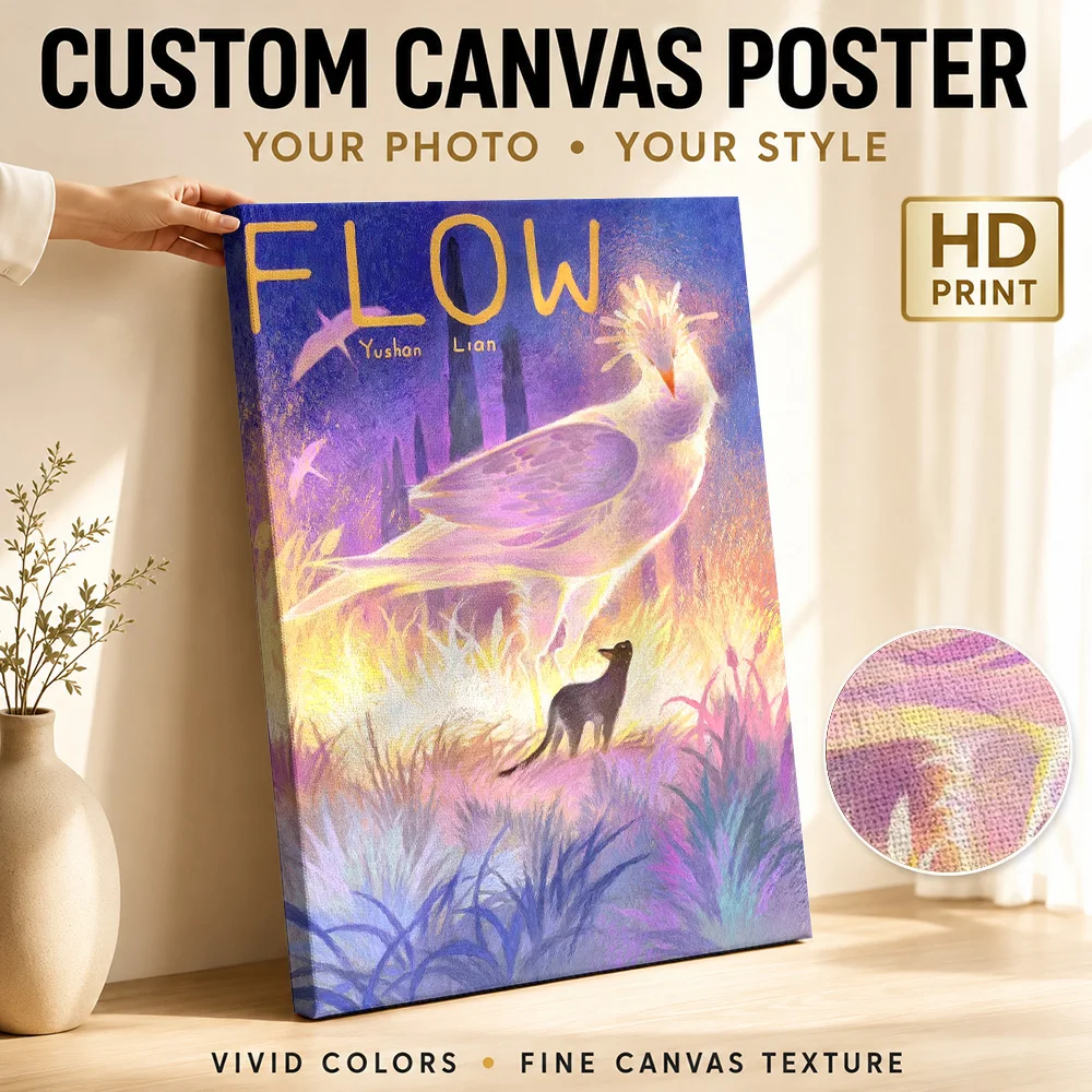 Flow: Bird and Cat in Field Canvas Print Poster Custom Funny Animal Wall Art for Bathroom Decor Collectible Ready to Hang Gift