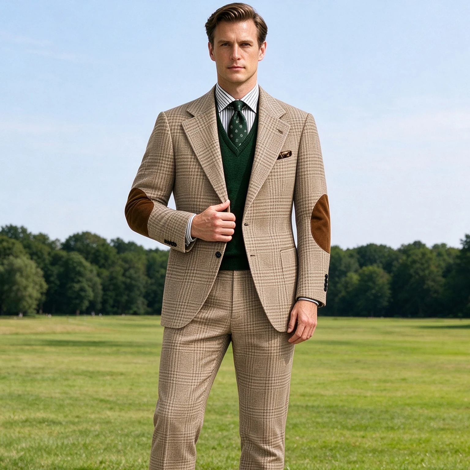 Men's Plaid Tweed Suit 2 Pieces Set Slim Fit Blazer With Suede Elbow Patches Pants Formal Business Casual Suit Jacket Trousers
