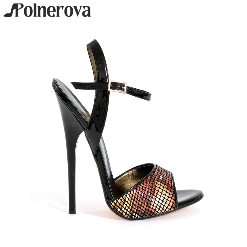Copper Multi Stampato Leather Extreme Sandals Black Patent Leather Summer Pumps Lacquered Empire Heels Customized Peep Sandals