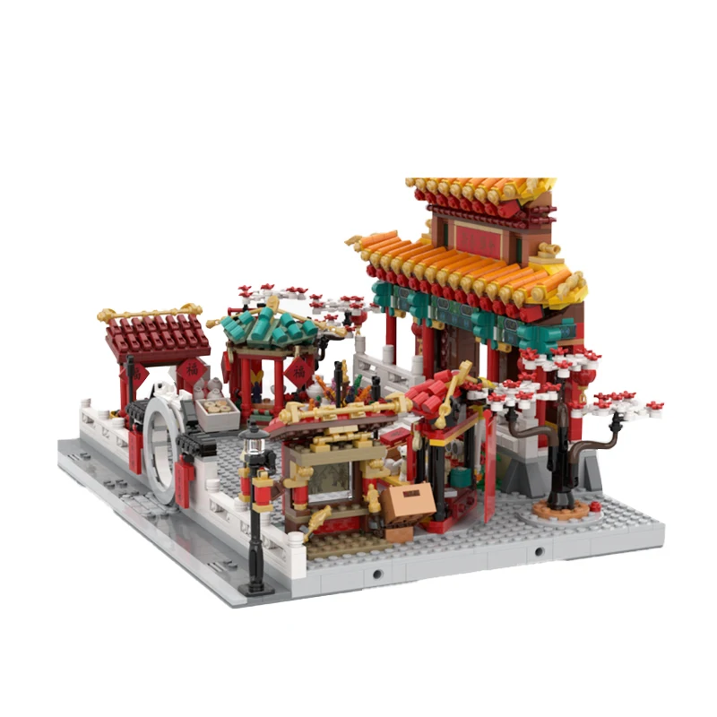 City Street View Building Chinese Traditional Festivals New Year Temple Modular Building Block Assembly Model Brick Toys