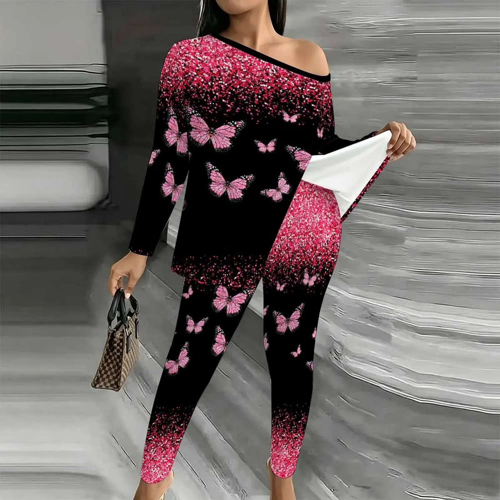 Elegant Two-piece Set Women's Fashion Printed Jogging Pants Autumn Off Shoulder T-shirt Winter Diagonal Collar Long Sleeved