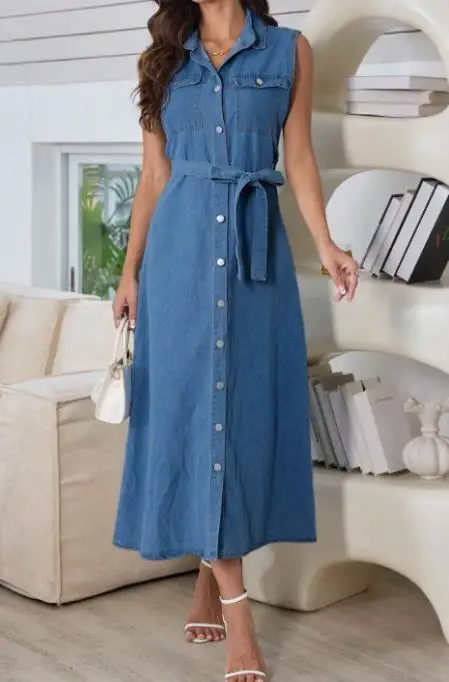 

Women's Sleeveless Denim Dress Straight Tube Casual Skirt with Waist Belt Buckle Fashionable Temperament Ladies' Skirt