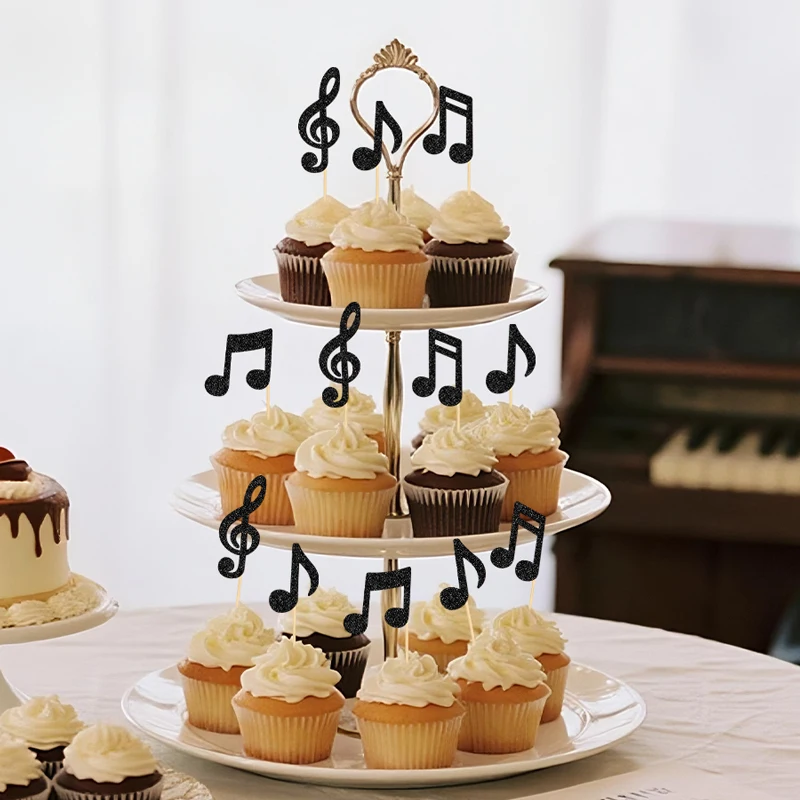 YOMDID 24 Stück glitzernde Musiknoten-Kuchenaufsätze, Bambus-Cupcake-Topper, Cupcake-Picks mit Musik-Thema für Rock-Konzerte, Partyzubehör – Detail 12
