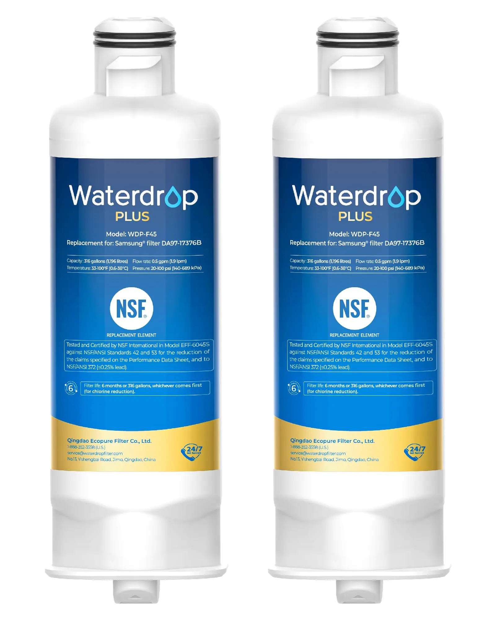 Waterdrop Plus Water Filter, Replacement for Samsung® DA97-17376B, 2 Pack NSF 401&53&42 Certified, Replacement for Samsung® DA97-17376B, HAF-QIN/EXP, DA97-08006C Refrigerator Water Filter
