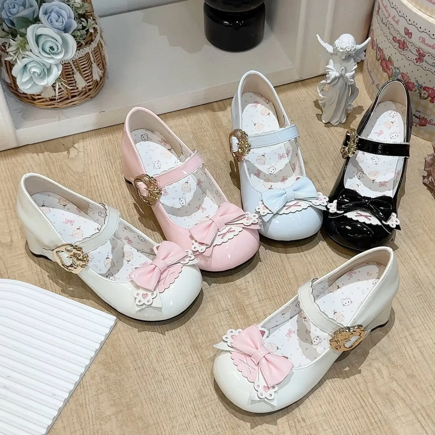 Patent Leather 1.5cm Low Wedge Heel Kawaii Shoes for Women Lolita Cat Paw Bow Cat Head Heel Cute Sweet Women's Shoes view 2