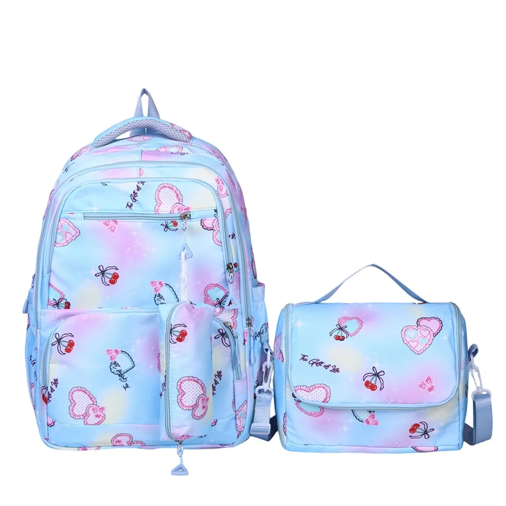 Sac à dos scolaire créatif multicolore 3-en-1 grande capacité en nylon, sac bandoulière facile à transporter, ensemble de sacs à dos imprimés fleuris unisexe
