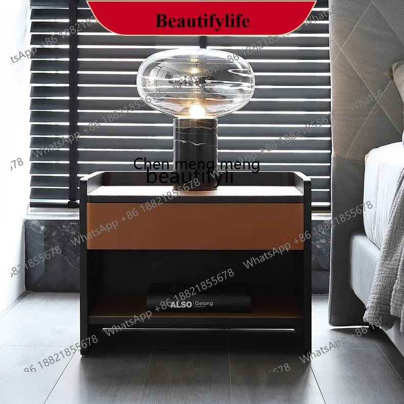 D178 Minimalist Solid Wood Bedside Table Luxury Saddle Leather Bedside Cabinet High-end Smoky Color