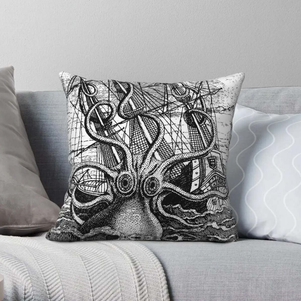 Vintage Kraken Attacking Ship Square Pillowcase Polyester Linen Velvet Pattern Decorative Throw Pillow Case Sofa Cushion Cover