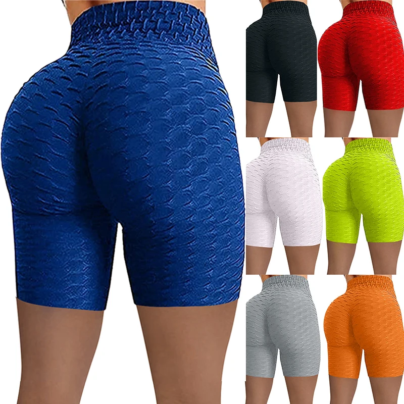 Summer Fitness Yoga Shorts Women Jacquard High Waist Sports Leggings Push Up Push Size Shorts Female Bubbles Running Short Pants