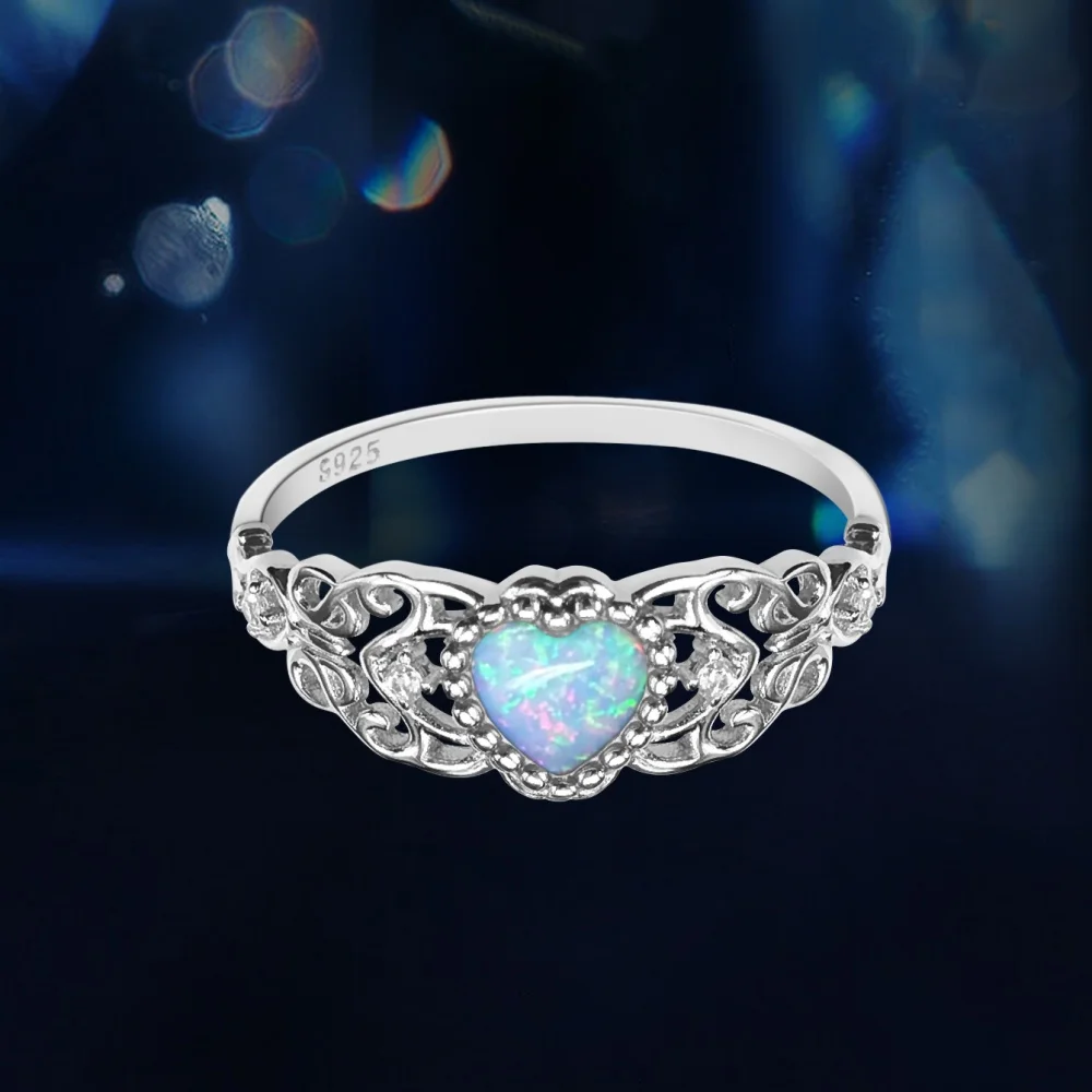 

Fashion Jewelry Opal 925 Sterling Silver Vintage Ring For Ladies Engrave Heart 925 Silver Rings