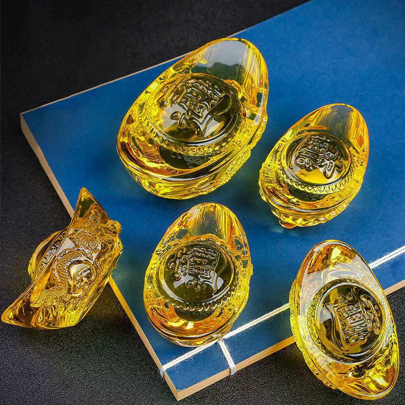 Style Citrine Ingot Gold Crystal Glass Colored Glaze Wealth Money Feng Shui Craft Figurines Home Decor Chinese