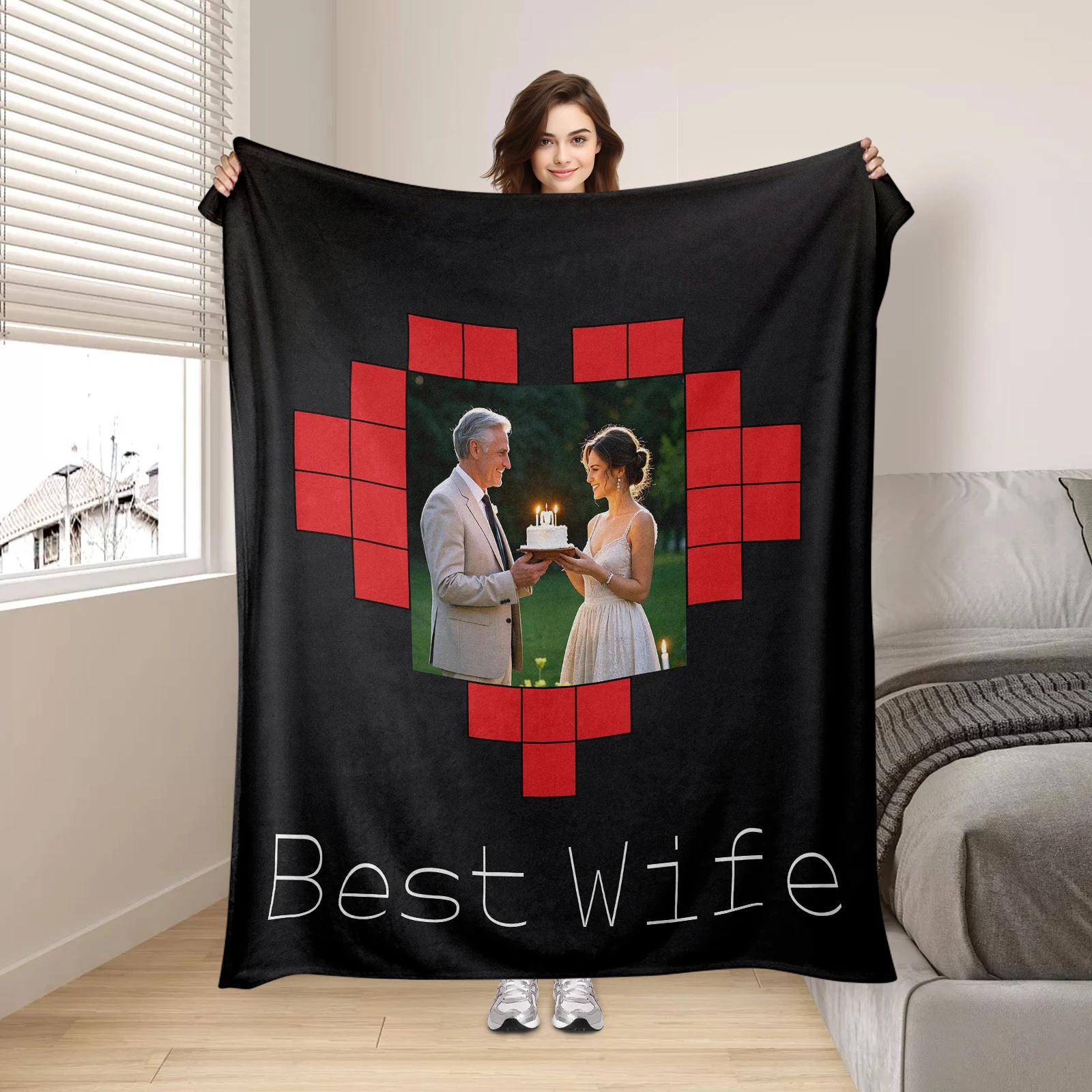 Heart Design Personalized Blanket with Photo，Couples Gift Birthday Present for Wife Husband Home Décor,Companionship Love