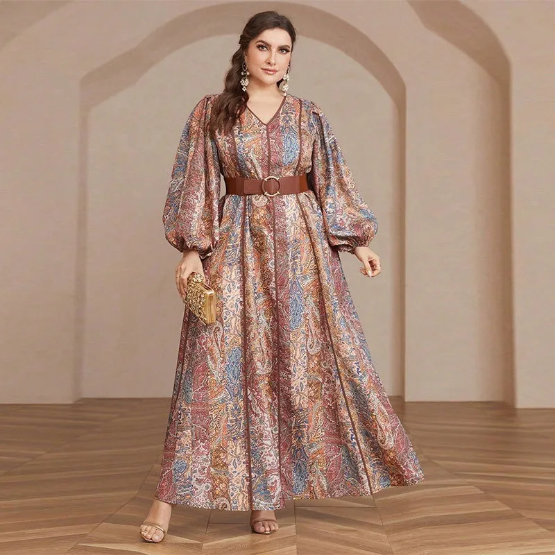 UNI Muslim Womens Elegant Plus Size Abaya Fashion Vintage Dress V-Neck Flower Print Robe Arab Morocco Türkiye Long Dresses