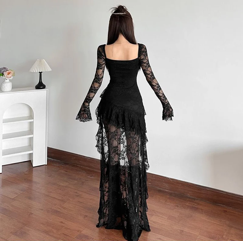 Robe blanche transparente en dentelle, Sexy, couches irrégulières, maille, gaze, longue queue de traînée, élégante, Slim, robes de soirée