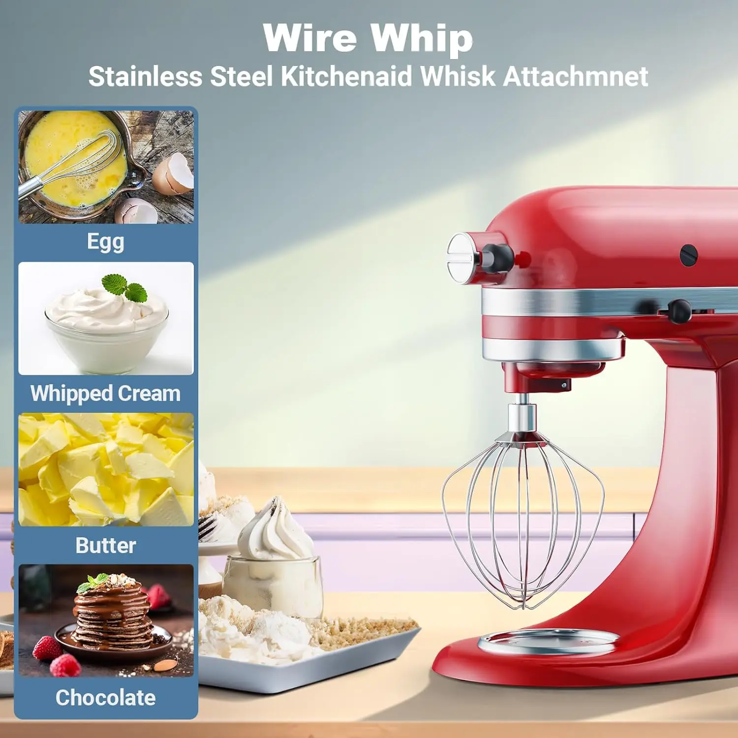 Stainless Steel 6-Wire Whip for Kitchenaid Whisk Attachment, for 4.5-5QT Title-Head Mixer,Flour Cake Whisk, Dishwasher Safe