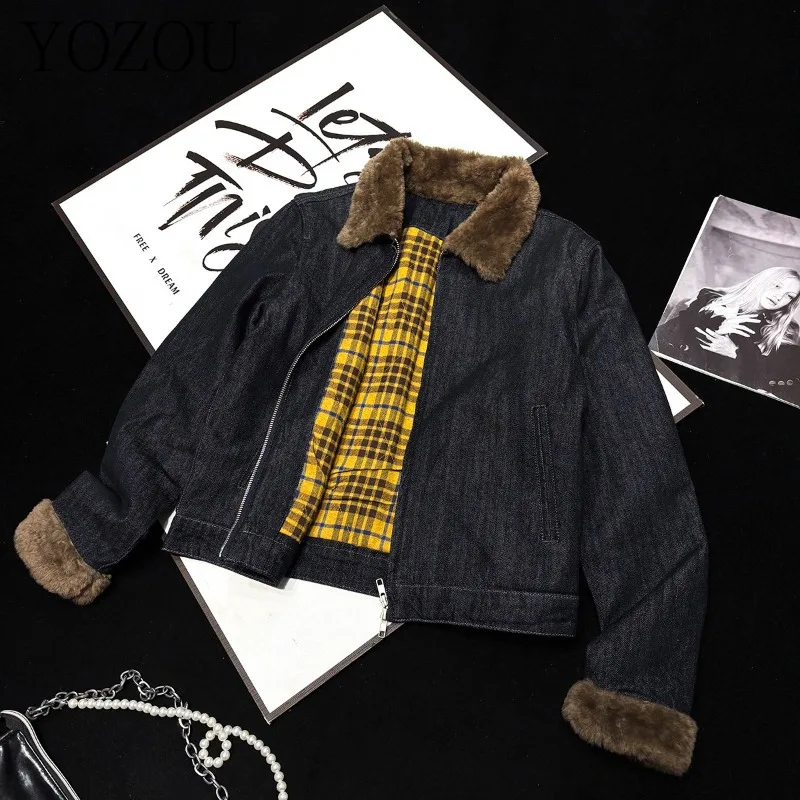 

[YOZOU] Denim Girl Winter Coat Faux Fur Collar Padded Zipper Jacket Women Rave Outfits Korean Style Outerwear Y2K Trendy Wear
