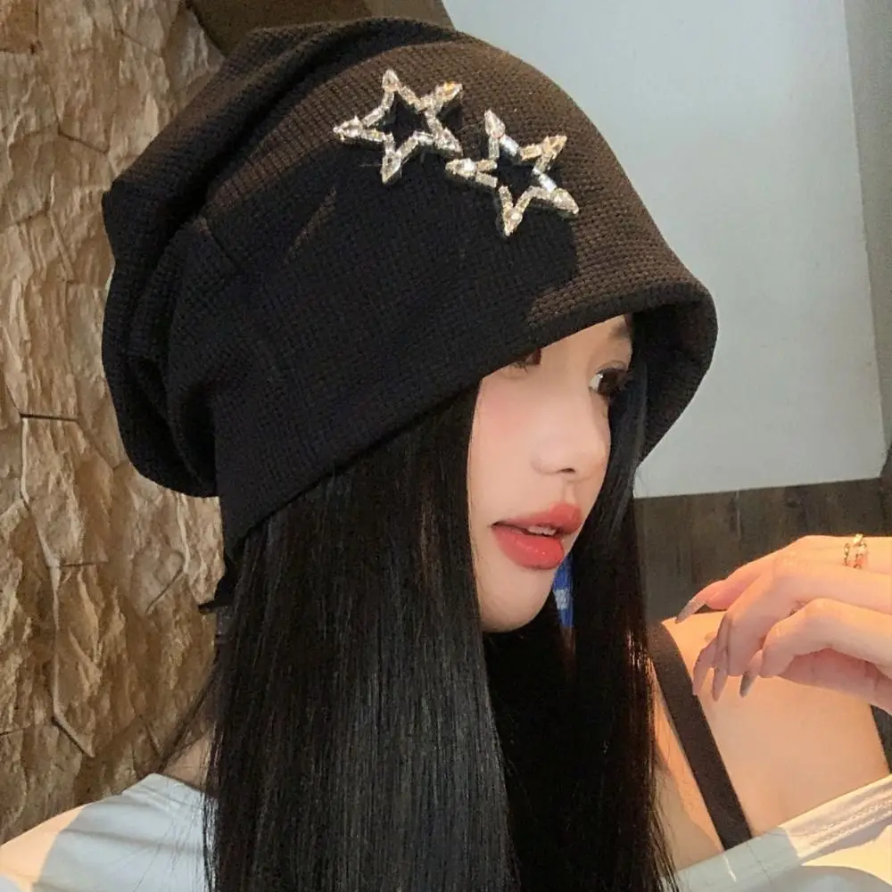 Bling Bling Decor Star Beret Hat Elastic Brimless Slouchy Skull Cap Ear Protection Warm Knit Star Beanie Cap Street Style
