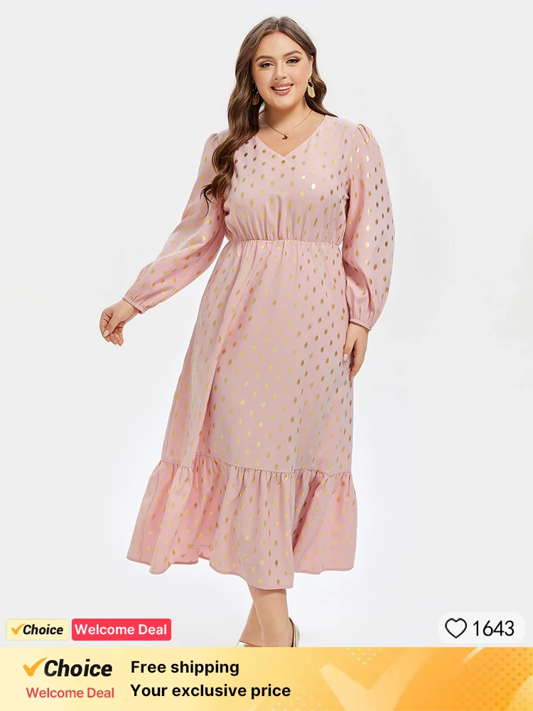 

Plus Sized Clothing Fashion Polka Dot V Neck Ruffle Hem Dress Women Pink Long Sleeve Lanter Sleeve Elegant Party Maxi Dress