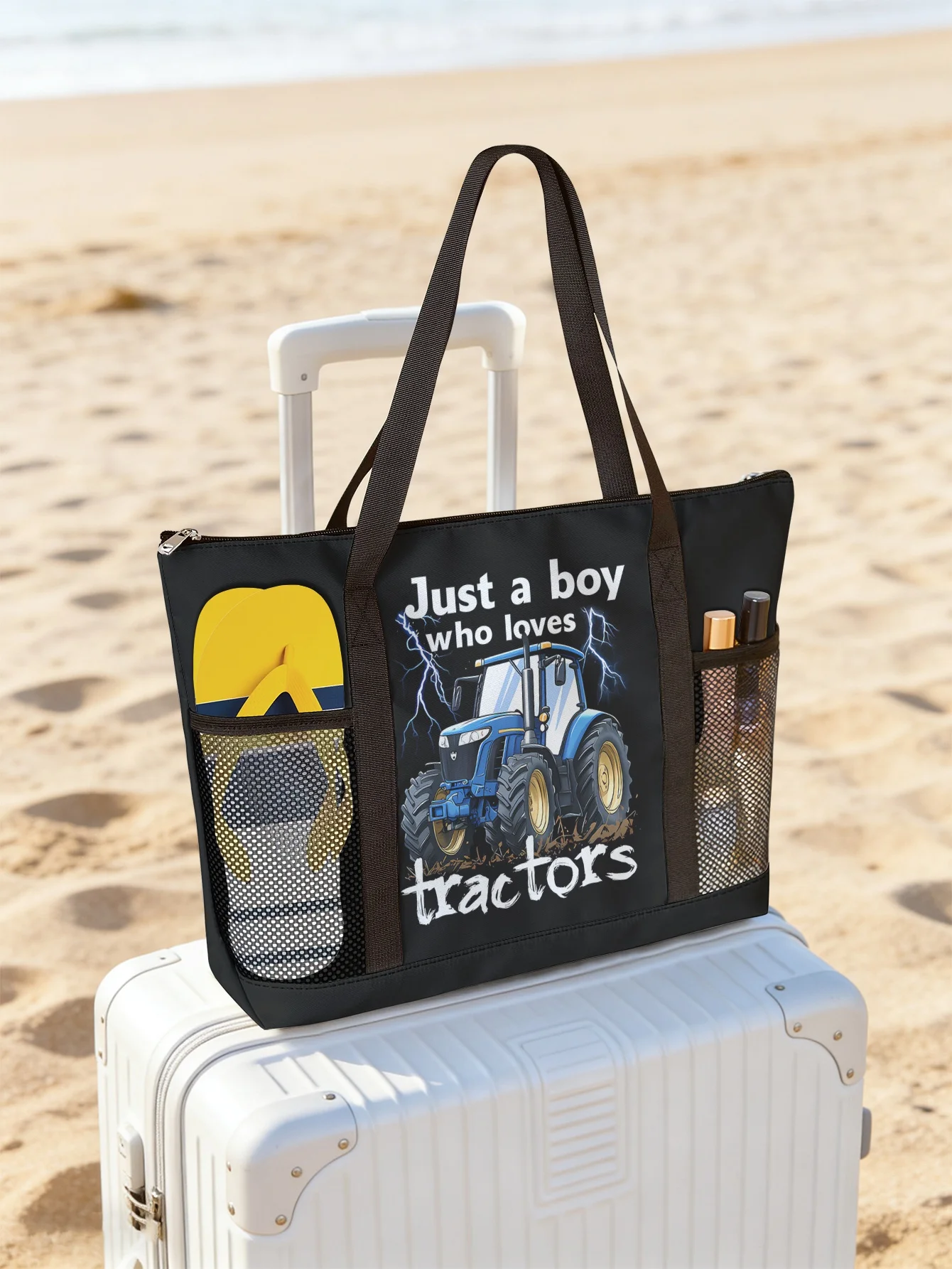 

Tractor printed handbag, large capacity women's beach bag, waterproof travel shoulder bag with mesh pockets