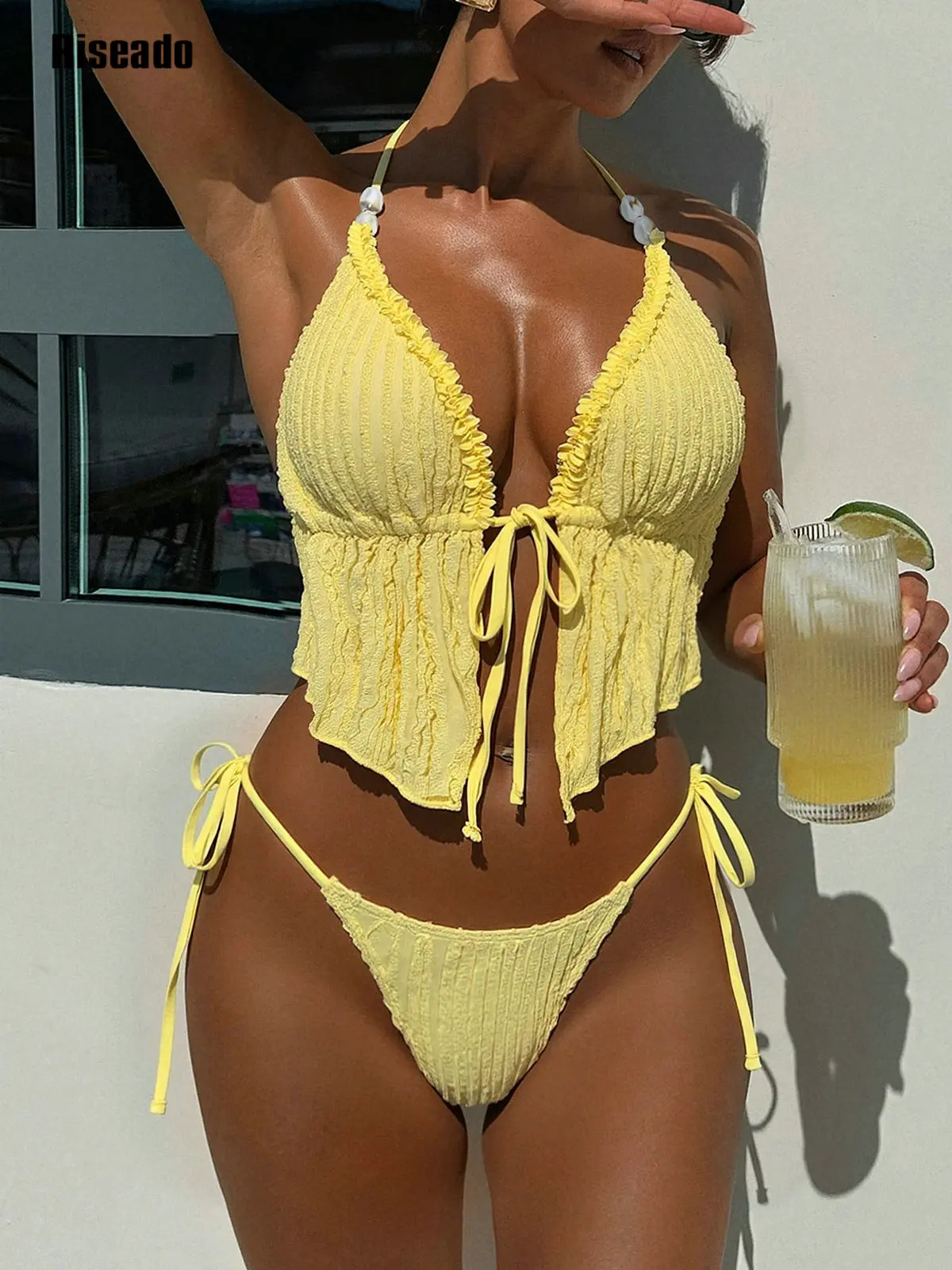 Halter Swimsuits for Women Textured Backless 2 Piece Bathing Suits Cheeky High Cut String Tie Side Bikini Sets