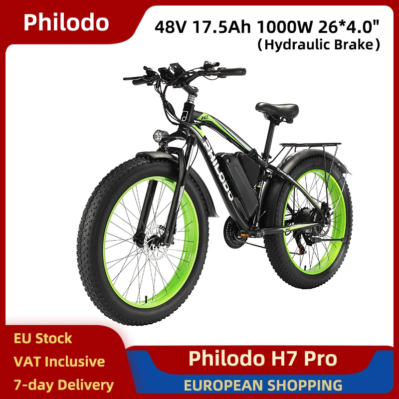 Philodo H7 Pro Bici Elettrica 1000W 48V 17.5Ah 26*4.0 Fuoristrada E-bike Motore di Azionamento Posteriore Freni Idraulici 21 Velocità 45 km/h Verde