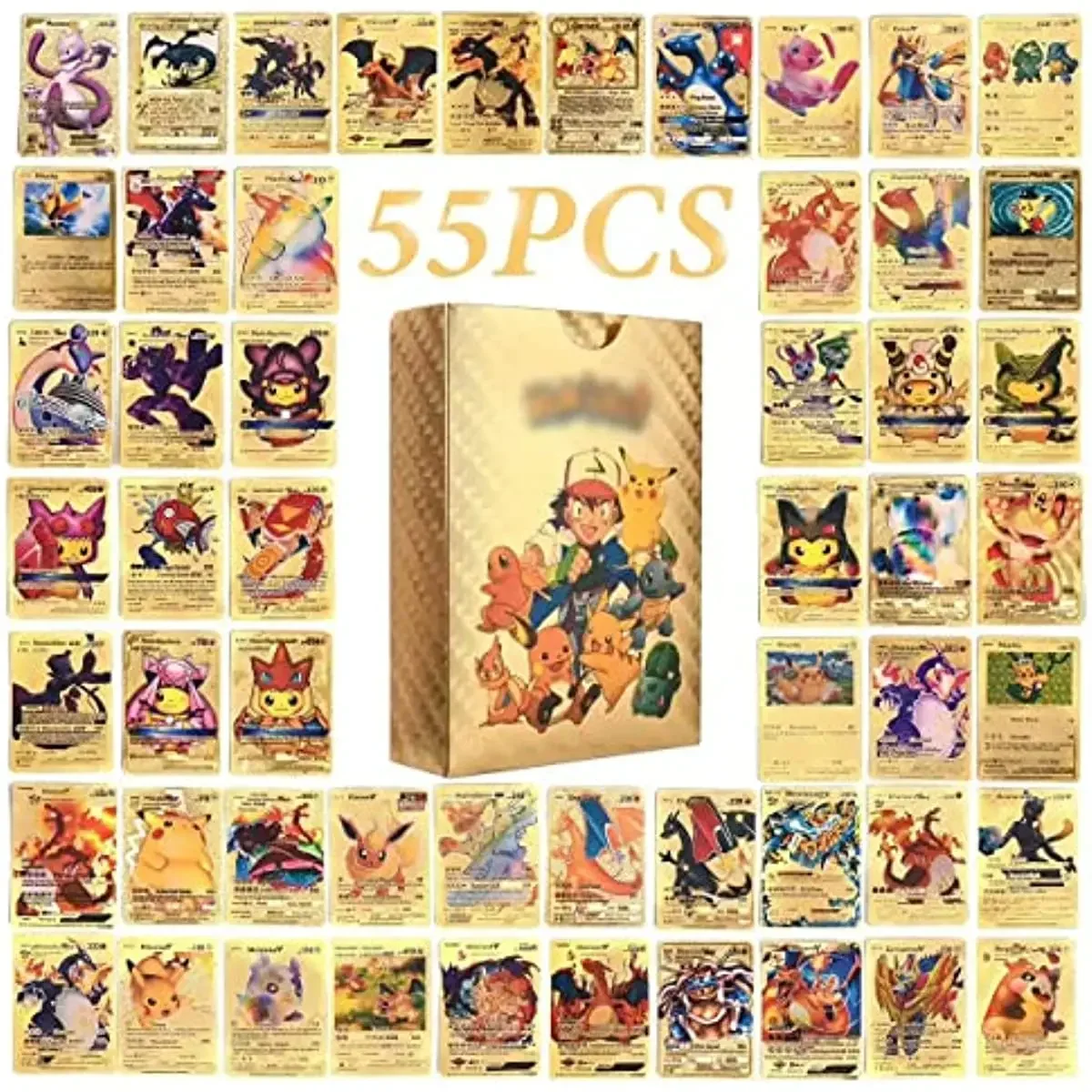 Paquete de 55 Cartas Doradas de Pokémon, Cartas Vmax DX GX Raras, Caja de Cartas TCG, Cartas Doradas con Lámina Dorada, Surtido de Cartas, Cuatro Estilos