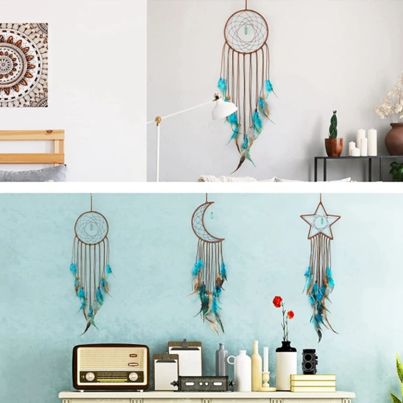 3 Pieces Dream Catcher Kit With Light Moon Star Design Handmade Feather Lucky Turquoise Pendant Beads Wall Hanging Ornament Kit